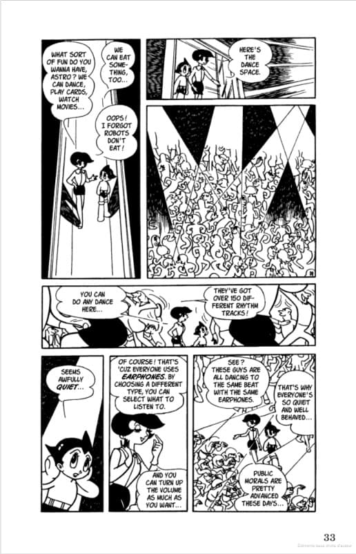 Planche du manga Astroboy de 1967 montrant des danseurs équipés de casques